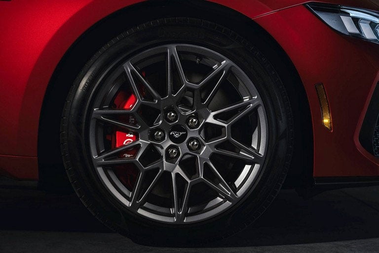 2024 Ford Mustang® model with a close-up of a wheel and brake caliper | Donley Ford of Ashland, Inc. in Ashland OH
